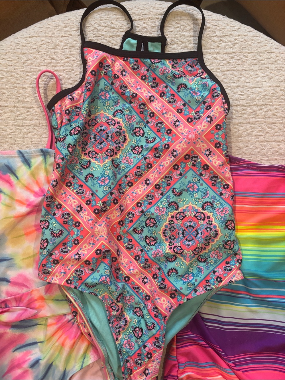 Set of 3 Girls' Patterned One-Piece Swimsuits size 7-8 - Picture 2 of 10